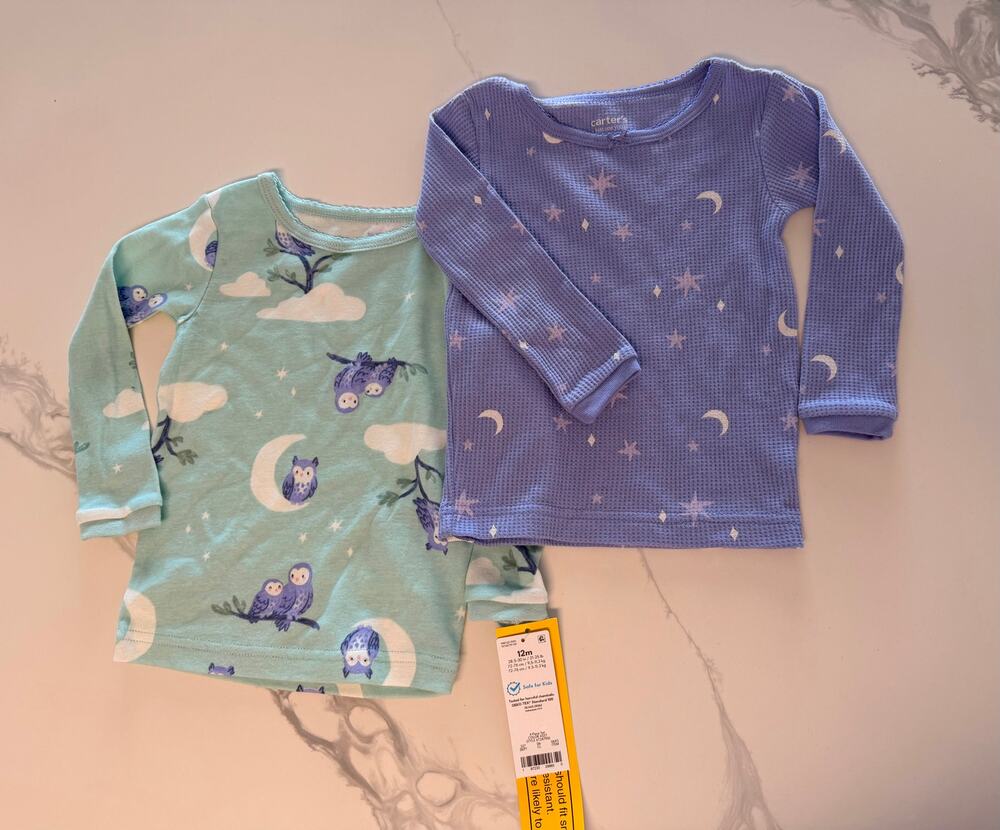 Carter’s Just One You Baby Girls 2-Pack Long Sleeve Tops Owls Moon Stars 12M NWT